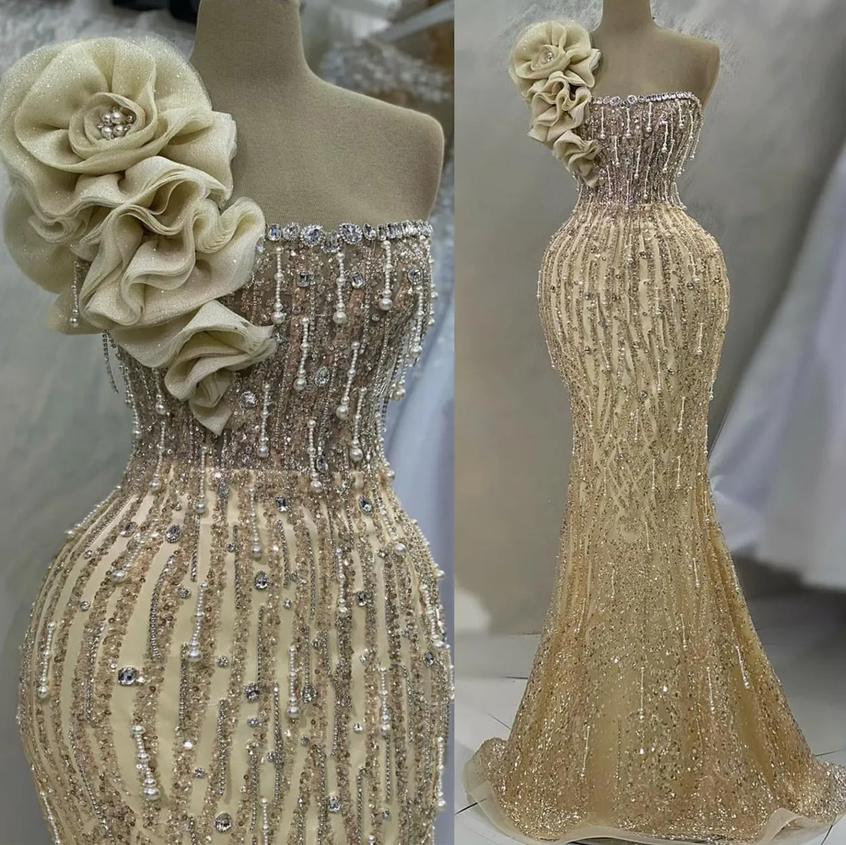 Aso Ebi Gold Sirène Robe Prom Pearls Crystals Soirée Fête formelle Deuxième réception Anniversaire Bridesmaid Engagement Robes Robe de Soiree ZJ690 407