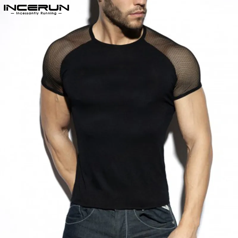 Męskie koszulki moda męska koszulka siatkowy patchwork Streetwear wycięcie pod szyją z krótkim rękawem luźna koszulka topy seksowne oddychające koszulki 5XL INCERUN 230706