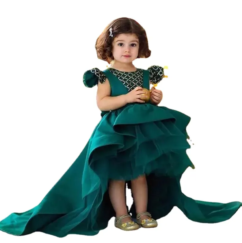Hunter Green Satin And Organza High Low Flower Girl Dress With Big Bow