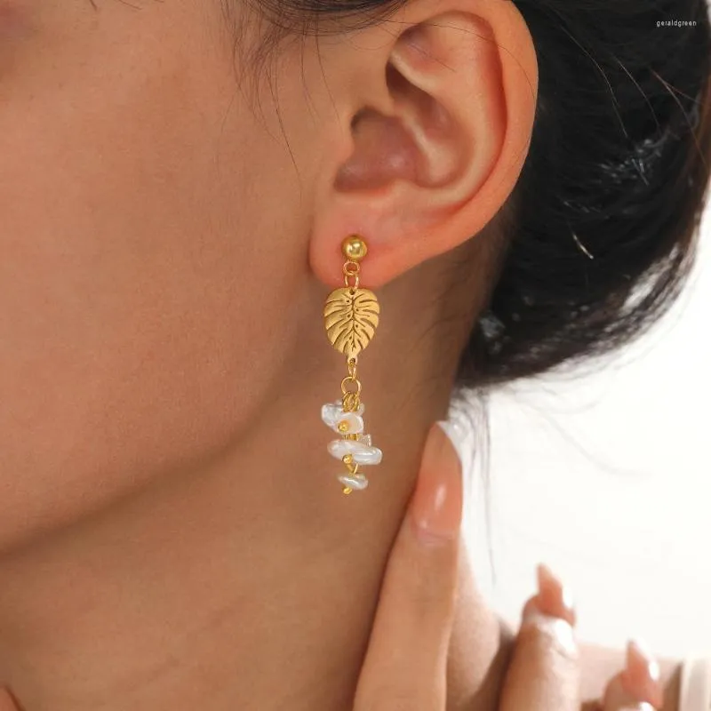Örhängen Ankomst 18K guldpläterad pärlblad Drop Design Rostfritt stål för kvinnor smycken