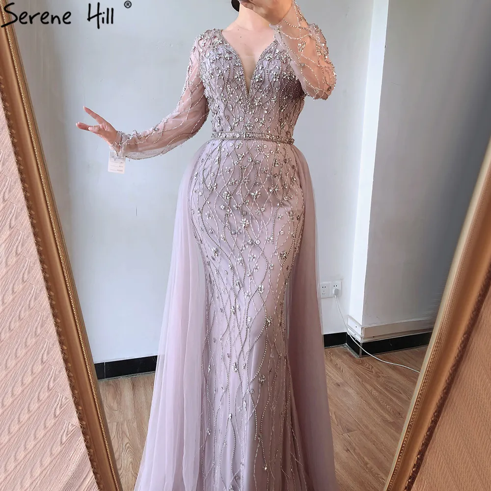 Vestidos sensuais urbanos lilás manga comprida noite de luxo 2023 Dubai decote em V diamante sereia frisado vestido formal Serene Hill LA70341 230707