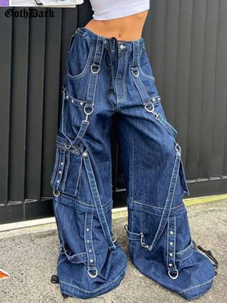 Cyber Y2k Punk Perna larga Baggy Moda Jeans Techwear Cintura alta Calça jeans feminina Strap Patchwork Calça streetwear