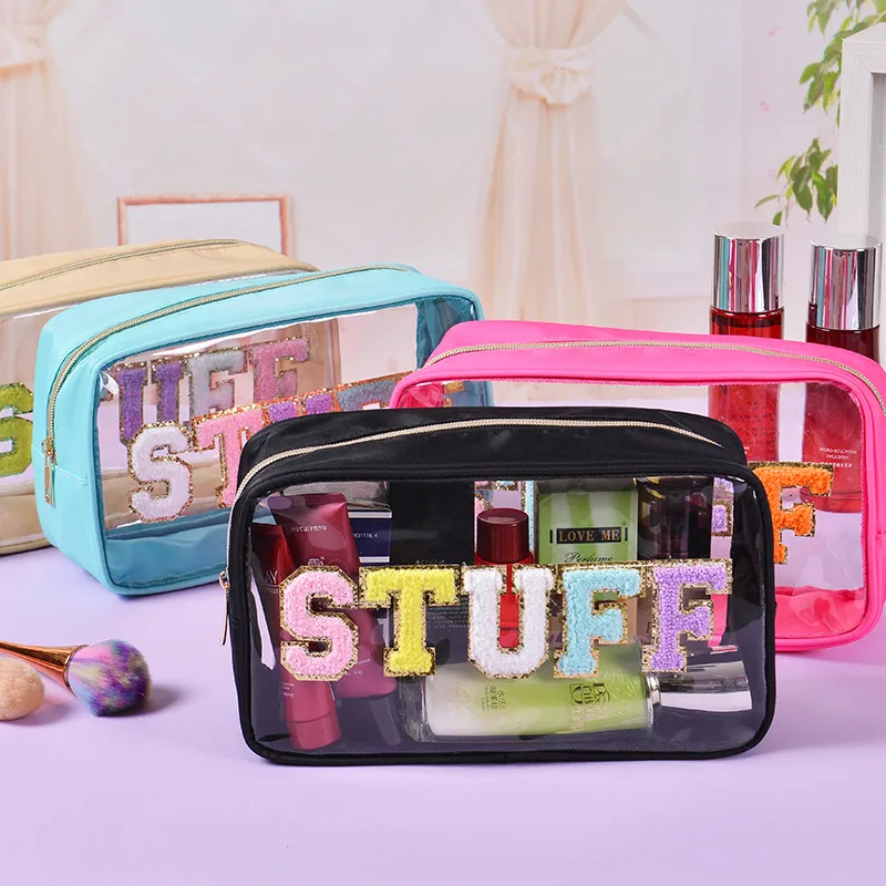 Clear Travel Make Up Bag Letter Patches Embroidery Cosmetic Bag PVC Waterproof Storage Bag Transparent Bag