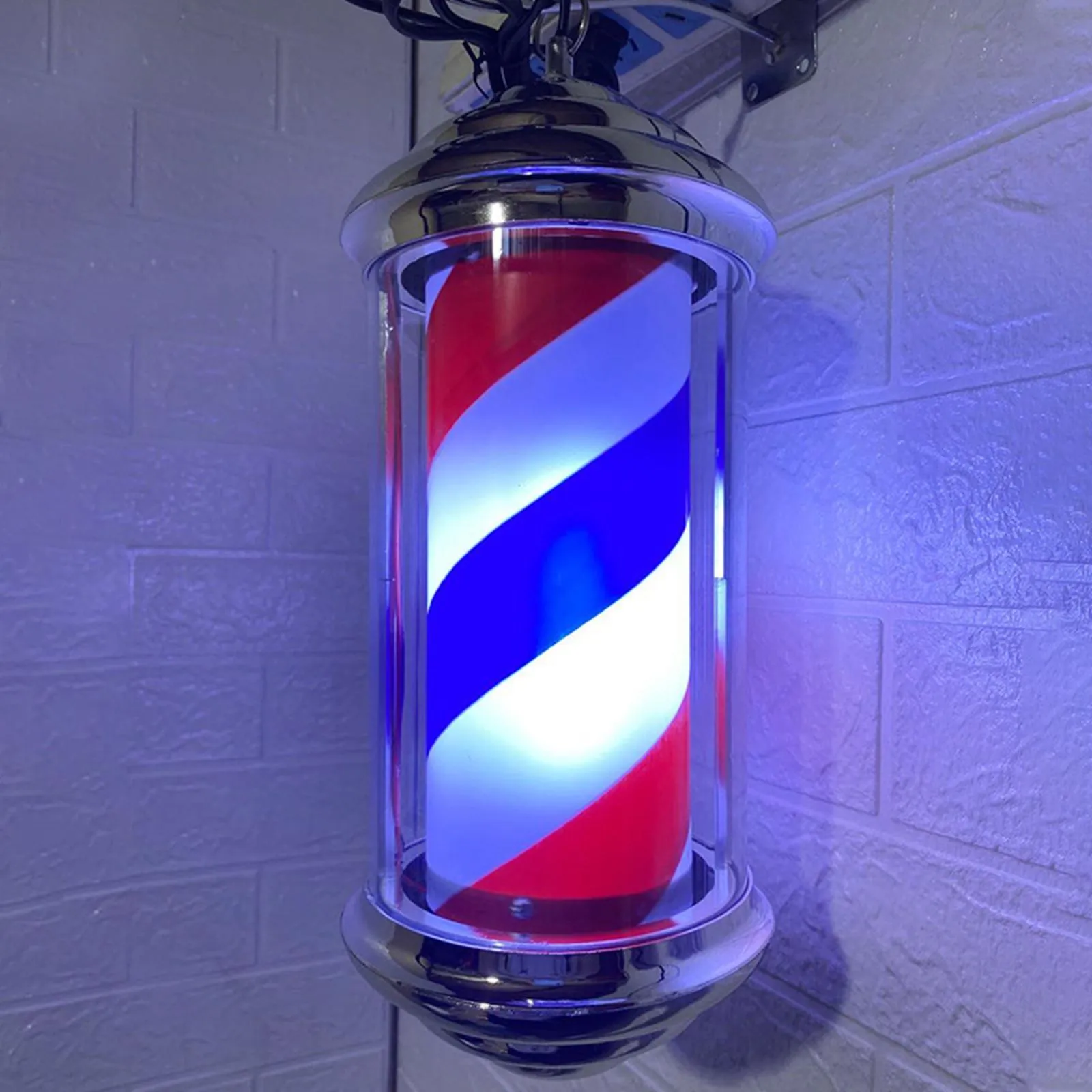 Aparador de cabelo barbearia poste de luz rotativa sinal listras com suporte para pendurar LED festa ao ar livre 230706