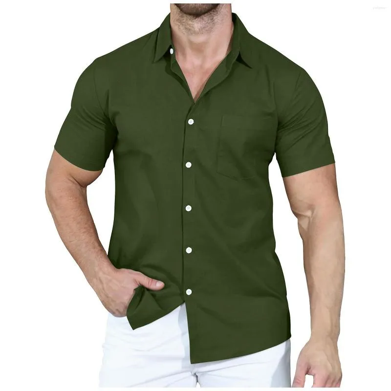 Men's Casual Shirts Vintage For Men Classic Regular Fit Button Down Shirt Short Sleeve Solid Color Dress M-xxl Blouse