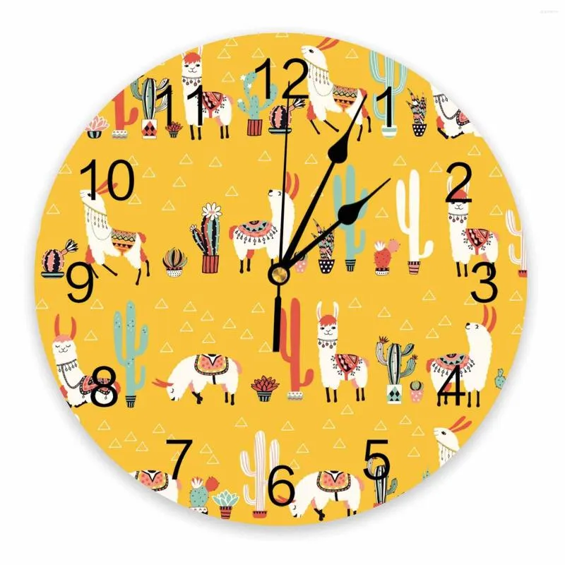 Relógios de parede cartoon cactus lama alpaca mexico kawaii redondo relógio redondo design personalizado não ticking quartos silenciosos grandes