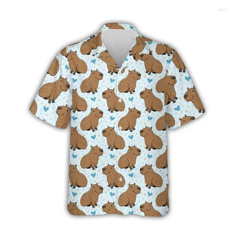 Camisas casuais masculinas Kawaii Capivara gráfico para roupas masculinas impressão 3D camisa havaiana Aloha praia manga curta Y2k bonito crianças tops lapela