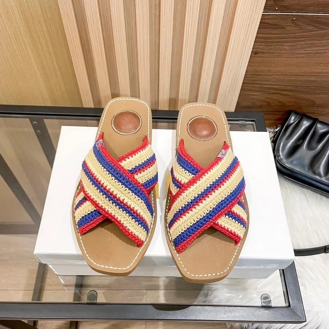 designer skjutreglage plattform rutschbanor slipers slide nytt nät rött Bokstavsstil ullband vävt fyrkantig tå färgmatchande flip flops plattbottnade tofflor strandsandaler