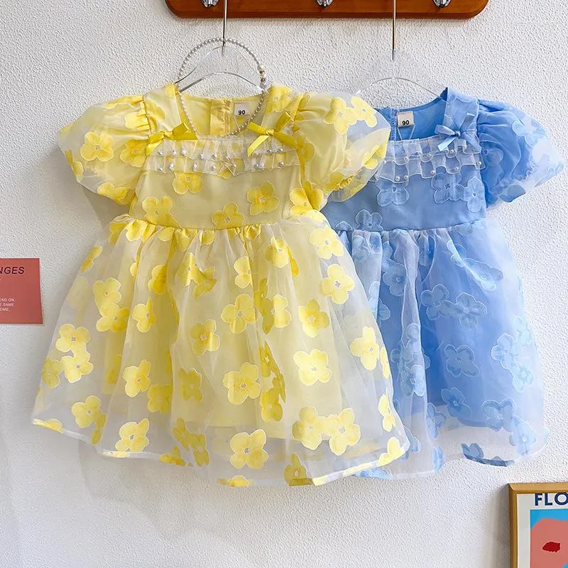 Kız elbiseler 2023 yaz varış kızlar kısa puflu kol o boyun çiçekleri mavi roupa infantil menina sevimli parti elbise custume 4-7t