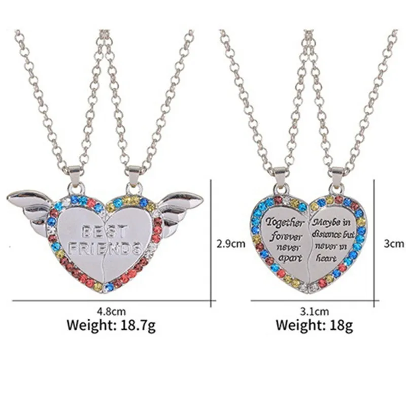 Cute Colorful Rhienstone Best Friend Pendants Heart Necklace Designer for Children Girls Silver Plated Link Chain Choker BFF Necklaces Fashion Jewelry