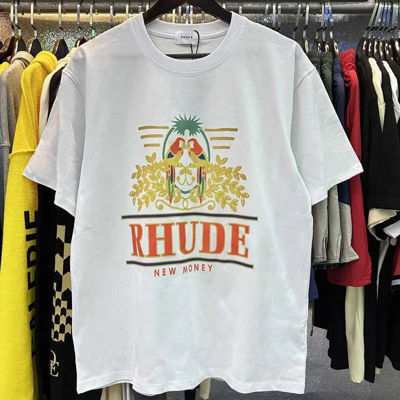 T-shirts för män Rhude T-shirt Sommar Nytt högkvalitativt papegojtryck High Street Fashion Hip Hop Lös män Kvinnor Topp T-shirt Riktigt foto