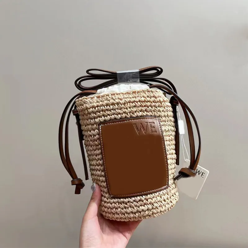 Woman Drawstring Bucket Bag Mini Straw Tote Bags Fashion Summer Cowhide Crossbody Beach Bags Weave Shoulder Cross Body