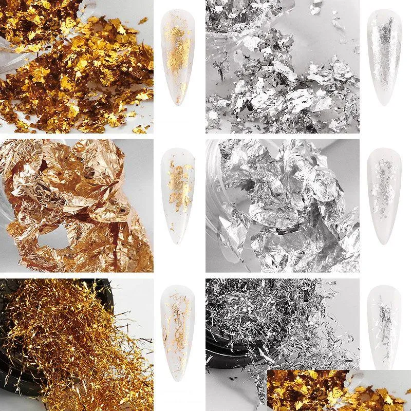 Nail Glitter 1 Box Aluminum Flakes Mirror Irregar Foils Paper Gold Sier Paillette Chrome Pigment Nails Art Decorations Drop Delivery Dhpeh