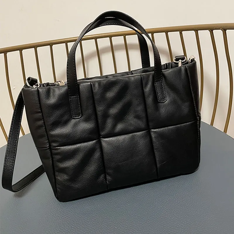 Cotton Shopping Bag Cowhide Leather Detachable Long Strap Zipper Closure Fashion Letters Black Quilted Handbags Purse Crossbody Bags