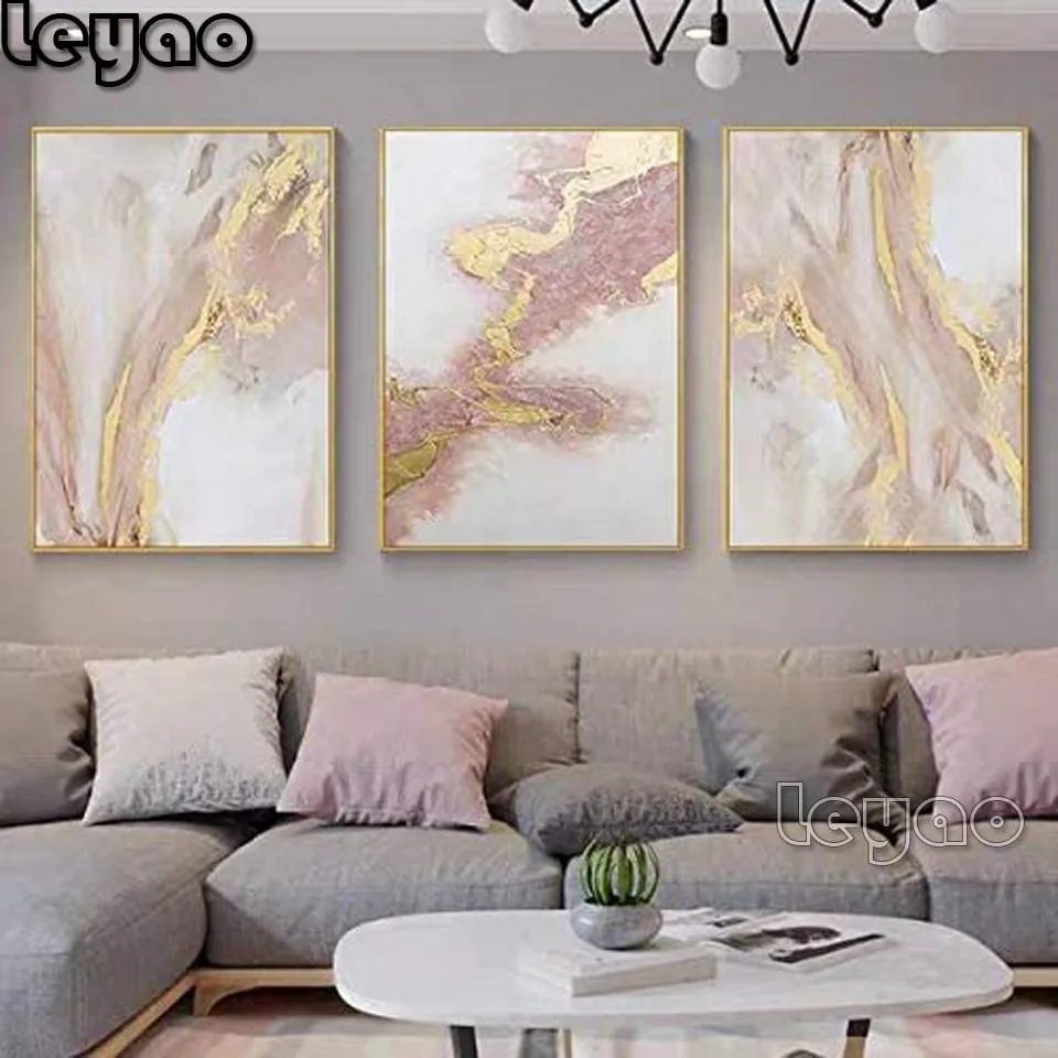 Cross-Stitch Full Square/round Drill Triptych Rose Gold Abstract Diamond Painting Water Flow Shape Modern Home Decor Embroidery Cross