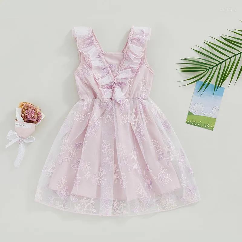 Robes de fille Listenwind 4-8Y enfant en bas âge enfants filles tenue décontractée fleur broderie sans manches volants mode d'été princesse a-ligne