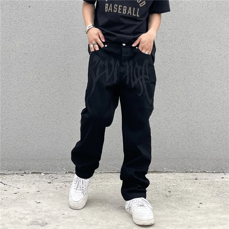 Hommes Jeans Y2K Noir Baggy Streetwear Américain Rétro Imprimé Lettre Pantalon Droit Hiphop Lâche Denim Pantalon 230706