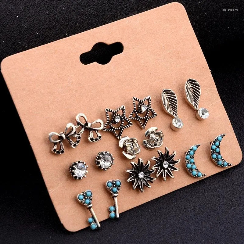 Stud Earrings European And American Personality Trend Bowknot Moon Flower Key Leaf Star Set Combination Punk Fashion