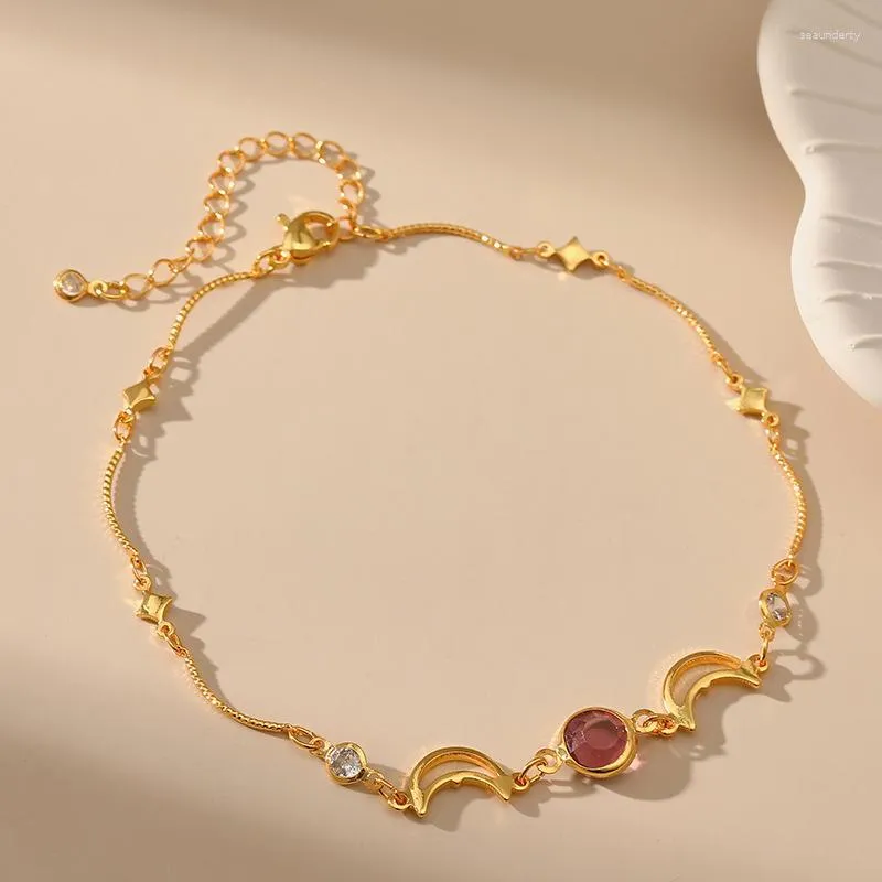 Fußkettchen, verkupfert, 18 Karat Gold, Europa und die Vereinigten Staaten, Strandresort-Stil, feine Kette, Mondzubehör, Fußkettchen für Damen, eingelegter Zirkonia