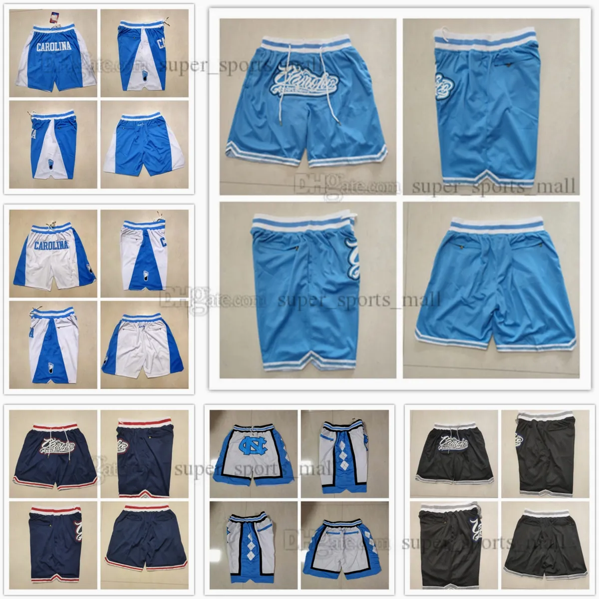 Pantaloncini da basket universitari NCAA North Carolina Tar Heels con pantaloncini ricamati retrò a 4 tasche nero blu bianco S-2XL