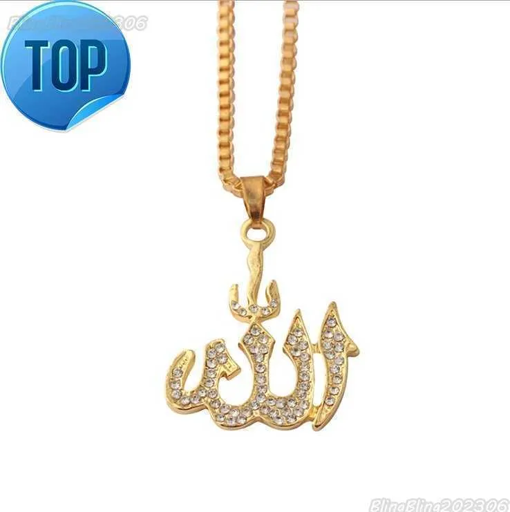 Catena lunga di Allah musulmano placcato oro 18 carati nella regione di strass Collana di gioielli HipHop in argento da donna