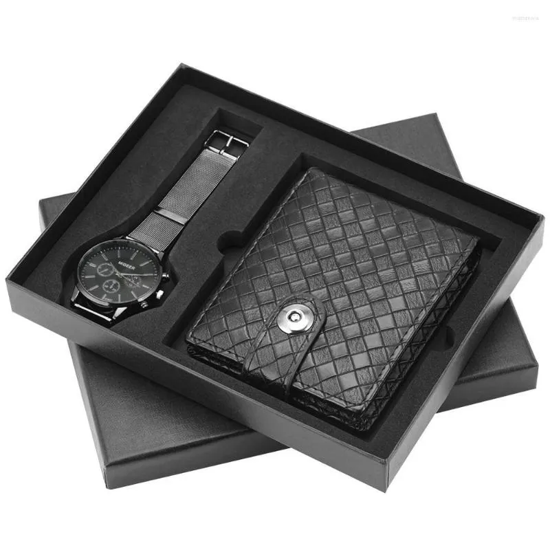 Armbandsur Utsökt presentset för män Armband i rostfritt stål Quartz Armbandsur Läderplånbok Pojkvän pappa