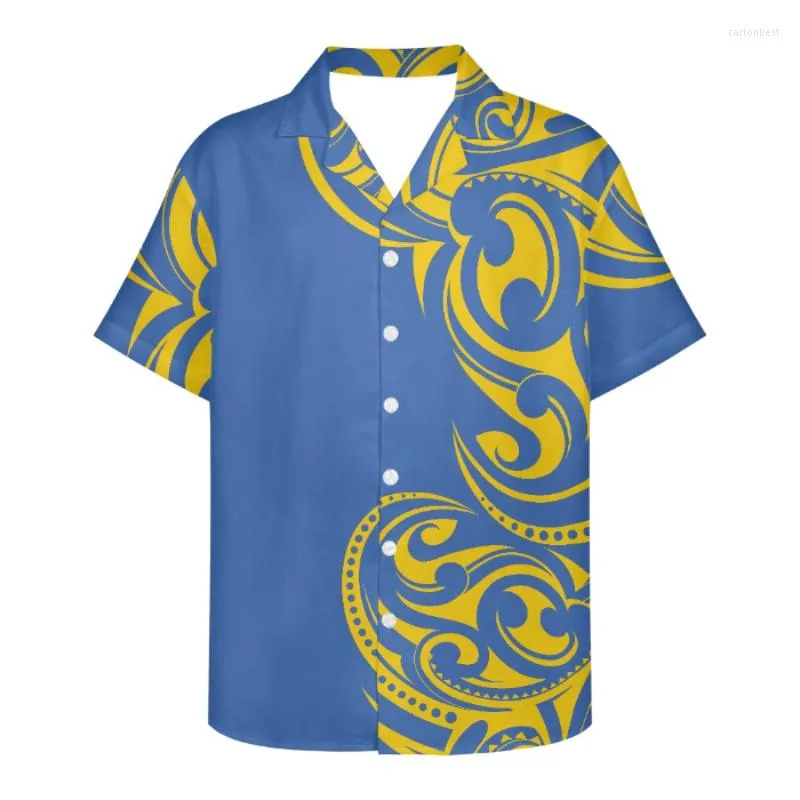 Casual herenoverhemden 2023 Zomer traditioneel Polynesisch bedrukt polokraag overhemd met korte mouwen en enkele knoop