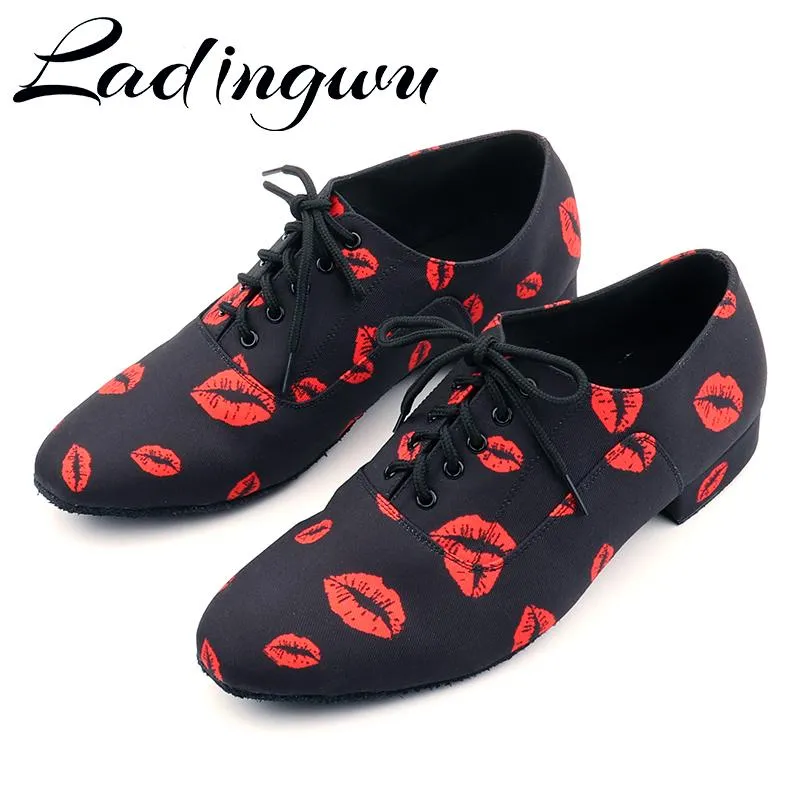 Boots Ladingwu Sneakers Latin Dance Shoes Men Dance Shoes Black Heel 2.5cm 4.5cm Female Red Lip Satin Ballroom Dance Shoes Men