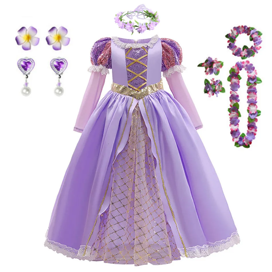 소녀의 드레스 Rapunzel 의상 공주 드레스 어린이 생일 카니발 할로윈 파티 팬시 여자 옷 코스프레 의상 세트 230706