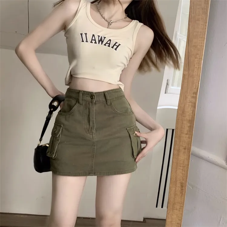 Petite Girls Vintage Sweet Cargo Mini Skirt High Waist Denim Bud Display Culottes XS Autumn A Line Multi Pocket Sexy 230707