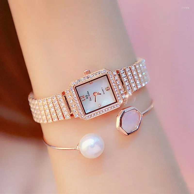 Relojes de pulsera, reloj cuadrado para mujer, esfera pequeña, diamantes completos, relojes de cuarzo de acero inoxidable de lujo para mujer, relojes de regalo de oro rosa a prueba de agua