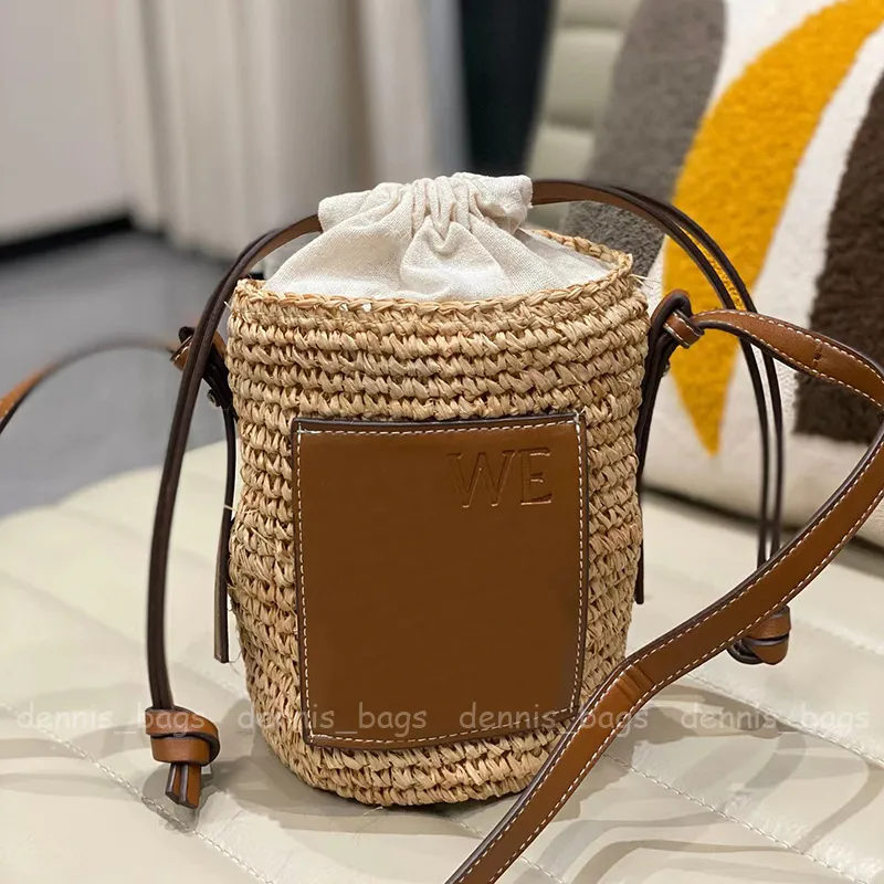 Tote Bags Mini Straw Handbags Women High Quality Cow Leather Drawstring Bucket Bag Woman Crossbody Beach Bags Shoulder Purses Weave