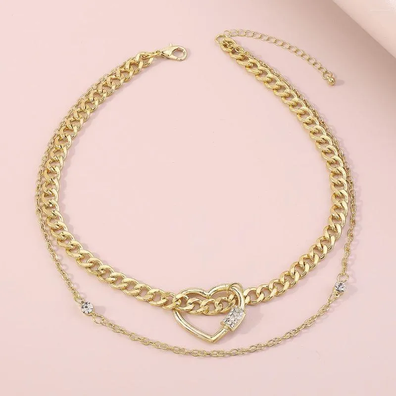 Tour de cou 2023 mode Double pont chaîne strass coeur collier pour femme élégant doré en gros