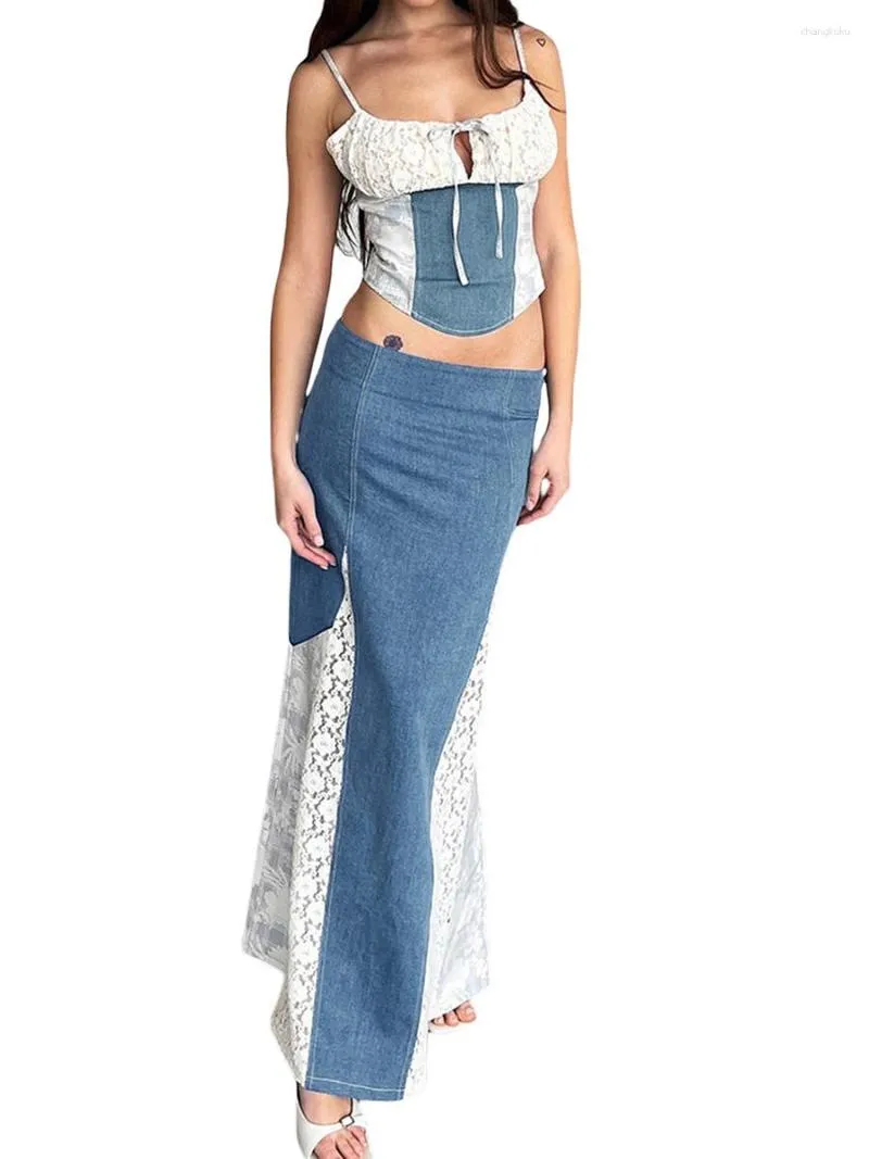 Gonne Donna 2 Pezzi Maxi Completi Senza Schienale Slim Fit Camis Crop Tube Top Split Midi Gonna Set Y2K Abiti da Spiaggia per Feste (Blu