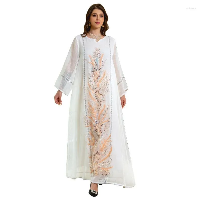 Etnische Kleding Strass Jurk Vrouwen Luxe Partij Katoen Garen Kaftan Jalabiya Saudi Arabië Dubai Parel Goud Zilver Pailletten