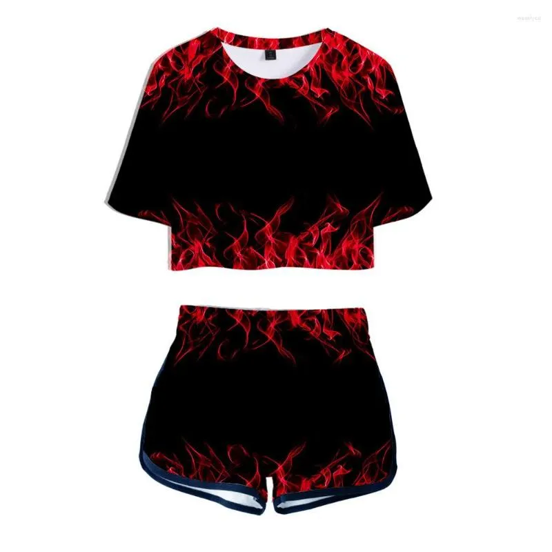 Survêtements pour femmes Impression 3D Couleur Flame Exposed Nombril T-shirt Shorts Ensembles deux pièces Fashion Girl's Summer Pretty Red Suits