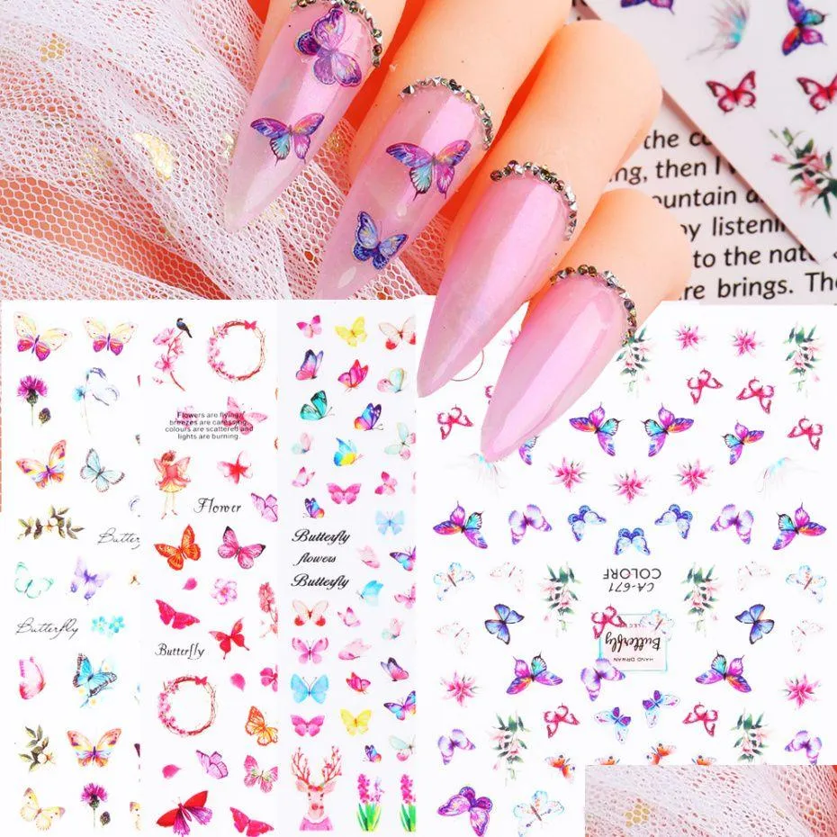 Adesivi Decalcomanie Misto Farfalla Nail Flower Transfer Decal Summer Colorf Nails Art Sticker 3D Manicure Tips Chca671-674 Drop Deliv Dhd4D