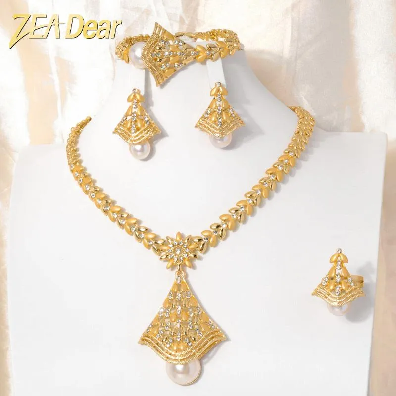 Gargantilhas Zeadear Dubai Africano Nupcial Conjuntos de Jóias Imitação Pérola Gold Tone Colar Brinco Pulseira Anel Mulheres Festa de Casamento Jóias