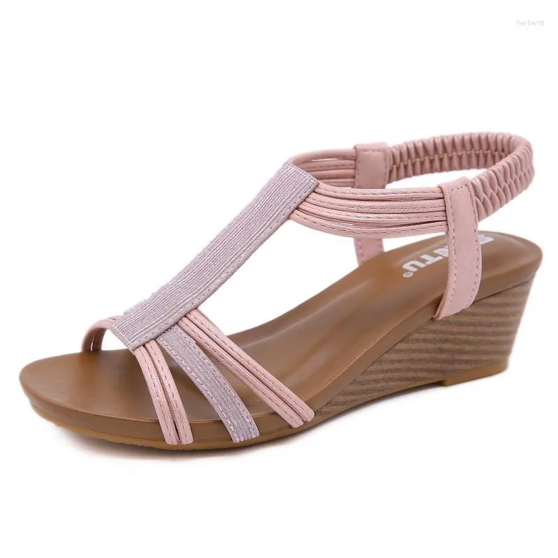 Sandaler Dam sommar Läderkilar Plattform Solid Guld Rosa Elastiskt band Fritid Gummi Plus Size Skor För Dam Klack