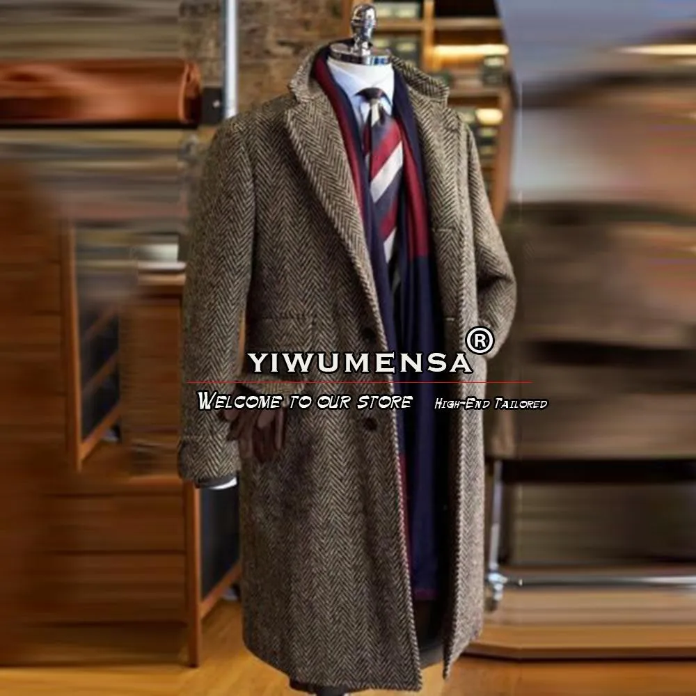 Byxor Spring/Autumn Brown Trench Coat Män Tweed Wool Blend Suit Jackor Herringben Överrock Långt manliga kläder outkläder Abrigo Hombre