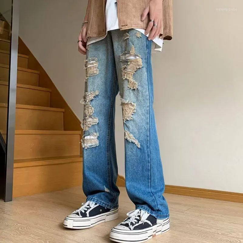 Men's Jeans Perforated For Summer Thin And Handsome Straight Tube Loose Fitting Trendy Wide Leg Casual Pants