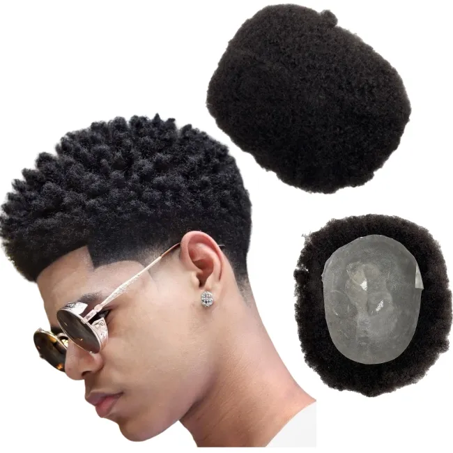 Raiz de substituição de cabelo humano virgem peruano 2 mm onda # 1b Topper masculino preto 8x10 nós completos peruca para homem negro