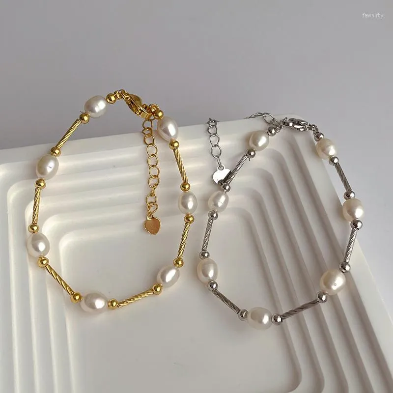 Strang ALLME Handgefertigtes Charm-Armband aus echten Süßwasserperlen mit Gold- und Silberplattierung, Perlenarmbänder für Damen-Accessoires