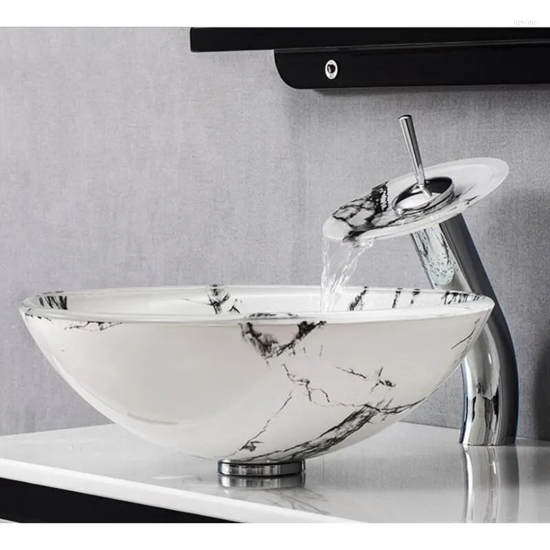 Bathroom Sink Faucets Armoured Art Glass Basin Plus Brass Waterfall Faucet Cold Toilet Black Tap Set