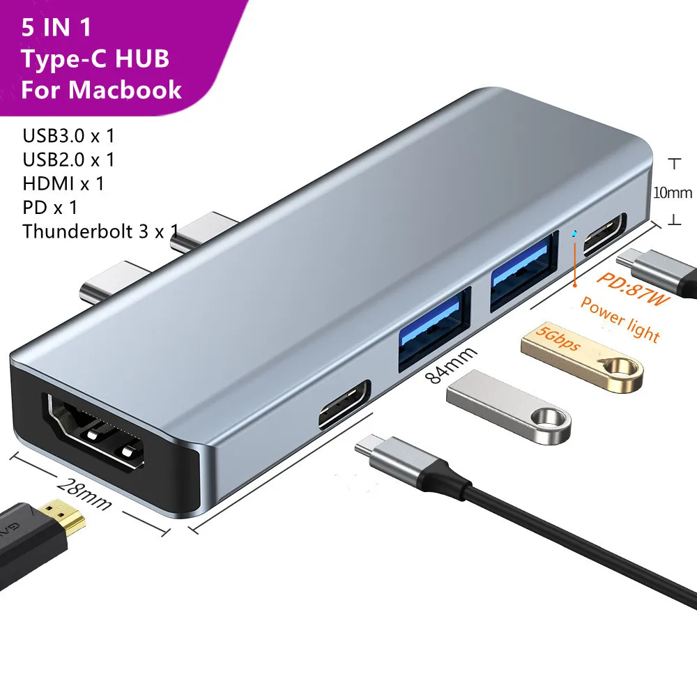 5 IN 1 Type-C till USB3.0/2.0 PD Thunderbolt 3, HDMI 4K Multi Splitter Adapter Perfekt för Macbook Pro Air