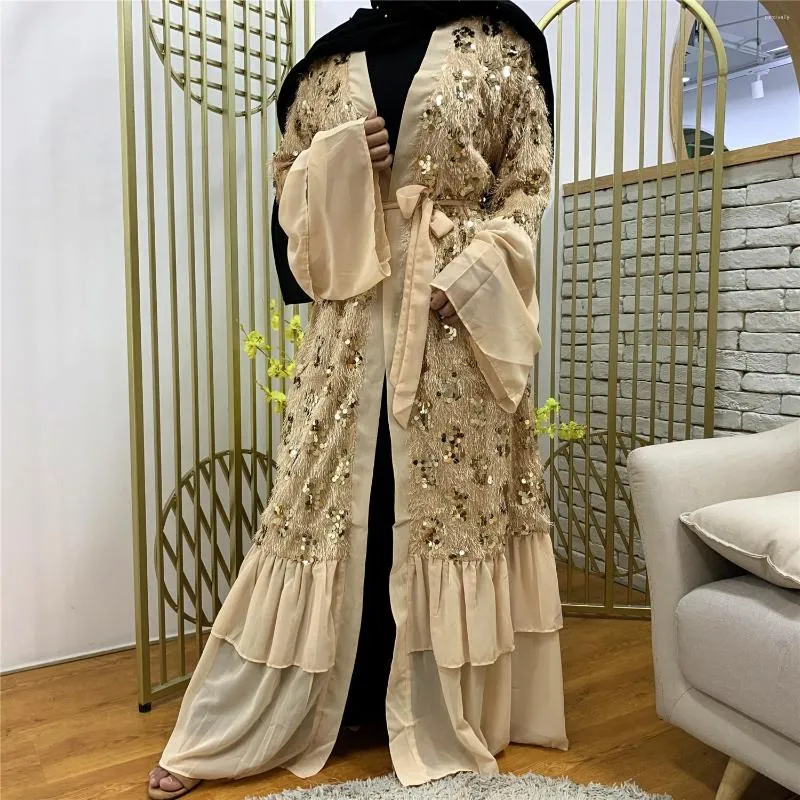 Abbigliamento etnico alla moda in chiffon con paillettes impiombato manica svasata cardigan musulmano abito islamico per le donne abito hijab