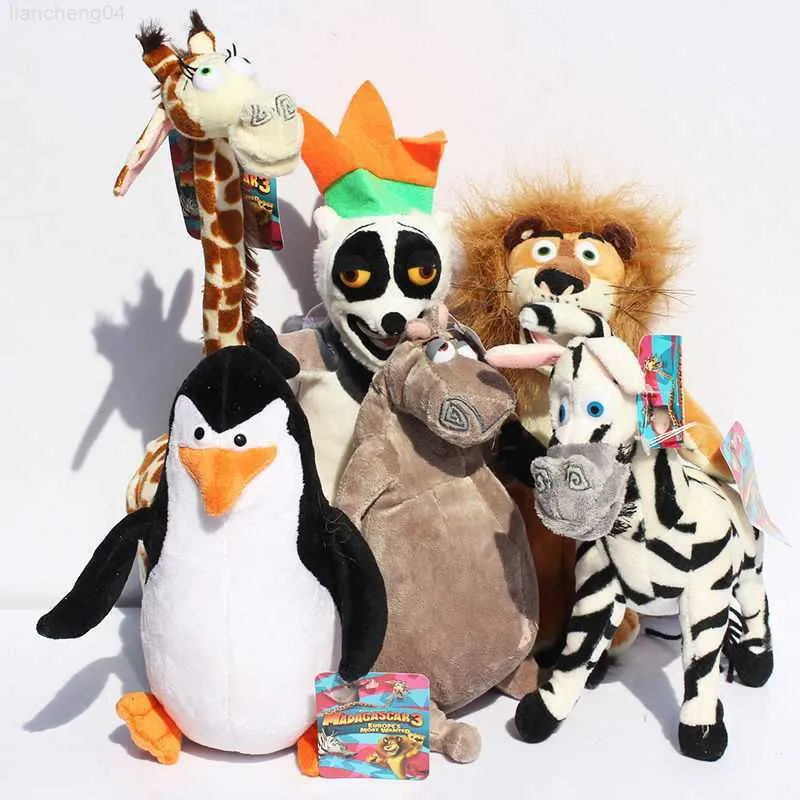 Stuffed Plush Animals 6 pcs/set Animation Film Madagascar Plush Toys Cartoon Lion Giraffe Penguin Zebra Hippo Lemur Dolls Kids Baby Birthday Gifts L230707