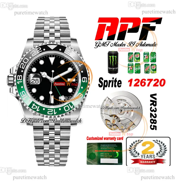 APF Sprite GMT II VR3186 VR3285 Orologio da uomo automatico Lunetta in ceramica verde Quadrante nero 904L JubileeBracciale in acciaio Super Edition Stessa scheda seriale Reloj Hombre Puretime