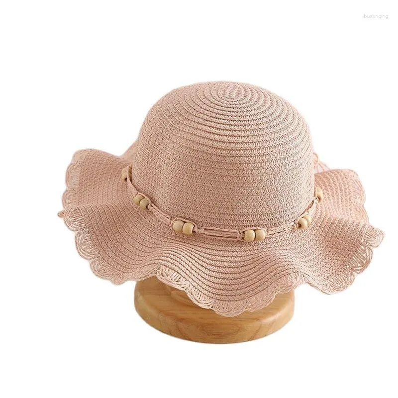 Chapeaux à large bord XEONGKVI coréen perles de bois Parent-enfant Falbala soleil printemps été marque plage chapeau de paille pour femmes fille