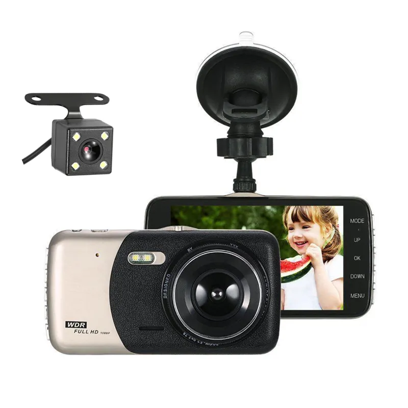 3.7 "Bil DVR -inspelare Dash Camera Car Black Box 1080p Full HD Dual Lens Front 140 ﾰ och bakre 120 ﾰ Wide View Vinkel LED Night Vision